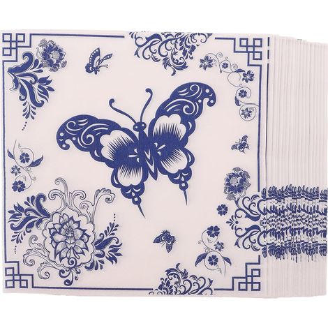Lot de 100 Serviettes de Table Jetables à Motifs Floraux Bleus et Blancs Style Chinoiserie, 33 Cm, Serviettes en Papier Vintage Absorbantes pour Dîner de Fête, (1/5)