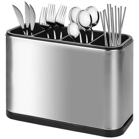 Porte-couverts multifonctionnel - rangement pour ustensiles de cuisine - boîte à couverts - étagère à couverts - porte-couverts à 4 compartiments - argent - 18 x 8,7 x 13 cm - acier inoxydable (1/5)