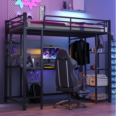 Letto a soppalco singolo 204x95x180 cm, con scrivania, guardaroba, metallo nero (1/5)