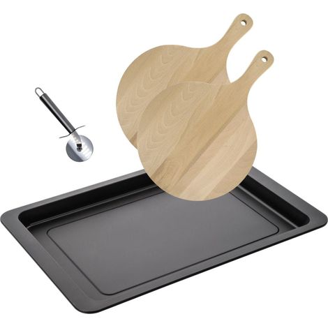 Ensemble pour pizza avec une plaque de cuisson four, 2 planches à pizza rondes et une roulette à pizza Fackelmann