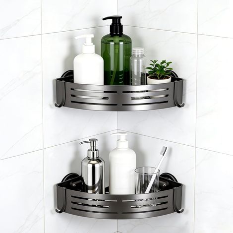 Support de Douche d'Angle 2 Etages avec Ventouses Lot de 2 Etagères d'angle en Aluminium Améliorées Organiseur de Salle de Bain Amovible Rangement Mural pour Cuisine Caddies de Salle de Bain (1/5)