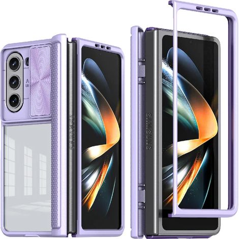 (Violet clair, Galaxy Z Fold5) Étui de protection coulissant transparent en acrylique haute définition pour objectif de caméra, cadre souple en TPU+PC. (1/5)
