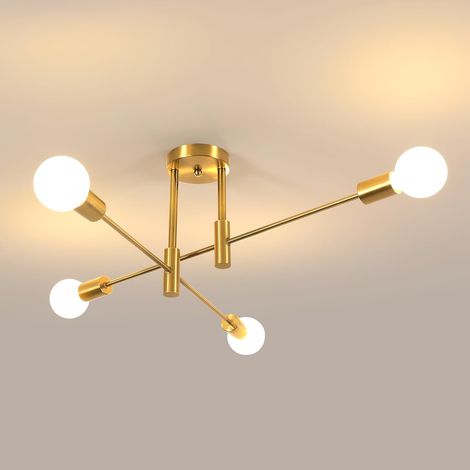 Lustre Vintage, E27 4 Lumières Plafonnier Industriel en Metal, Lustre Plafonnier Doré pour Salon Chambre Cuisine, Diamètre 53cm (Sans Ampoule) (1/5)