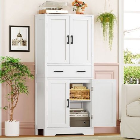 Badezimmer-Schrank - 60x30x148 cm - 4 Türen - 1 zentrale Schublade - verstellbare Regale (1/5)