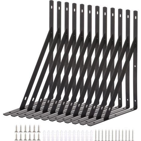 Set of 12 Black Shelf Brackets Heavy Duty 300mm   12in Triangle Shelving Brackets, Steel, Right Angle for Scaffold Board Floating (1/5)
