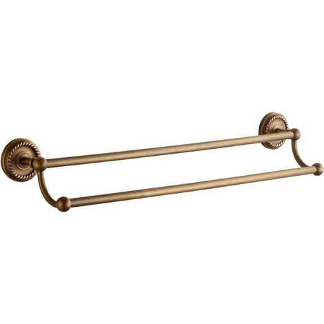 Porte-serviettes mural double en cuivre laiton doré, style rétro vintage, fixation solide, barre sèche-serviettes robuste pour salle de bain (1/5)