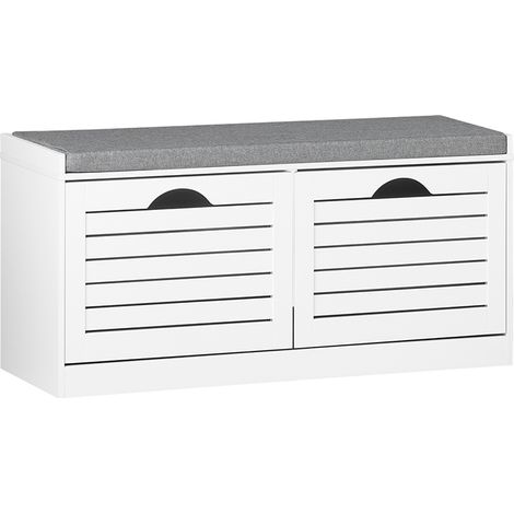 SoBuy Weiße Schuhbank mit gepolsterter Sitzfläche Praktischer Schuhschrank mit Lamellentüren Kompaktes Schuhregal aus MDF für den Flur 97×30×47 cm FSR62-II-W (1/5)