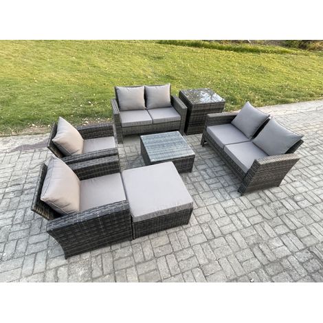Fimous Rattan Garden Furniture Set 7 Seater Patio Outdoor Lounge Sofa Set with Square Coffee Table Double Seat Sofa Side Table Big Footstool Dark Grey Mixed (1/5)