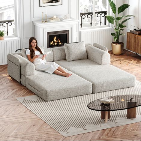 Divano letto singolo in chenille khaki, con vano bracciolo, struttura in acciaio, base antiscivolo (1/5)