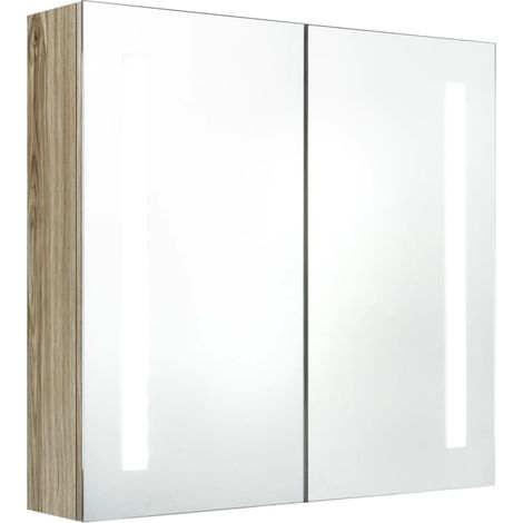 Bonnevie – Armoire murale de salle de bain avec miroir LED – Chêne – 62x14x60 cm – 2 portes – 3 étagères – Interrupteur intégré (1/5)