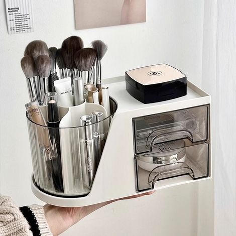 Organisateur de Bureau, Rangement Bureau avec Porte-Stylo Rotatif, 2 tiroirs et Possibilités de Rangement Multifonctionnelles pour Stylos, Agrafeuses, Pinces à Dossiers (Blanc) (1/4)