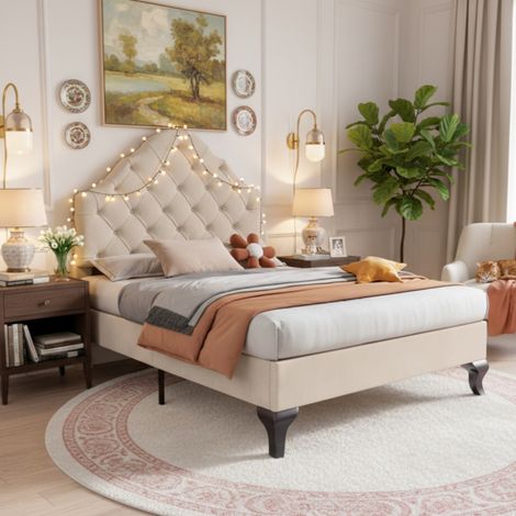 Letto imbottito in velluto beige 90x200 cm con rete a doghe e testiera regolabile (1/5)