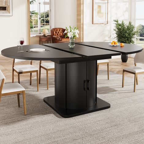 Table à manger ronde extensible 118-158x118x76 cm, convertible en ovale, 6 personnes, rangement intégré, gain de place, MDF, noir (1/5)