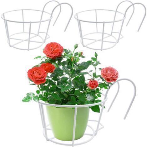 Lot de 3 supports de pot de fleurs ronds à suspendre - En métal - Pour balcon, balcon, jardin, balustrade, clôture - Blanc