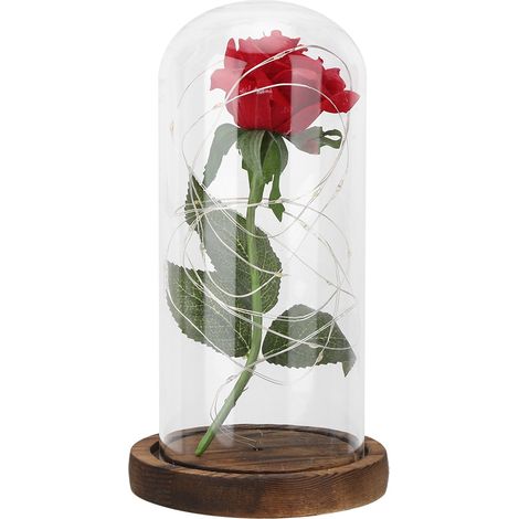 Veilleuse décorative en forme de rose électrique à LED (effet artificiel), cadeau idéal pour la Saint-Valentin ou un anniversaire. Socle marron. (1/5)