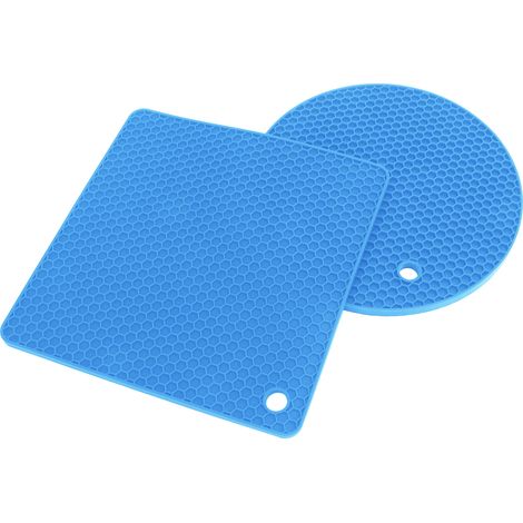 Lot de 5 dessous de plat en silicone alvéolé (2 ronds et 3 carrés), bleus, pour plats chauds et tables.