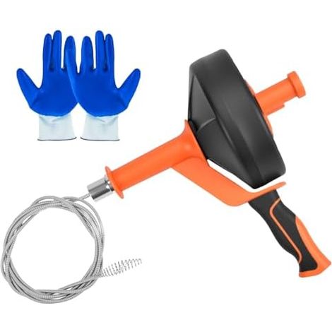 Furet de Débouchage 13 m avec Tête Perçage – Spirale d’Évacuation Écologique pour Cuisine et Salle Bain, Câble en Acier au Manganèse Résistant, Protection Anti-vibrations, Gants Inclus -