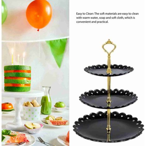 Großer Dessertteller aus Kunststoff im nordischen Stil mit Spitzenverzierungen, luxuriöse dreistöckige Obstschale, perfekt für Wohnzimmer, Hochzeiten, Weihnachten und als Dessertständer, in Schwarz. (1/5)
