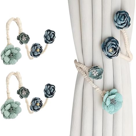 JSSEVN - 2-Piece Flexible Curtain Tiebacks, Curtain Buckles with Twisted Flower Decoration for Living Room, Bedroom, Blue Flower (1/5)