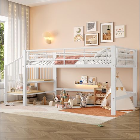 Cama alta infantil (250x95x110 cm), con escalera de almacenamiento, estructura de metal, blanca (1/5)