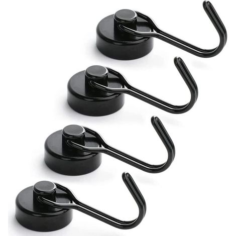 Set of 4 Magnetic Fridge Hooks, 15 kg Powerful Neodymium Magnet, Powerful Swivel Magnetic Hooks (Black)