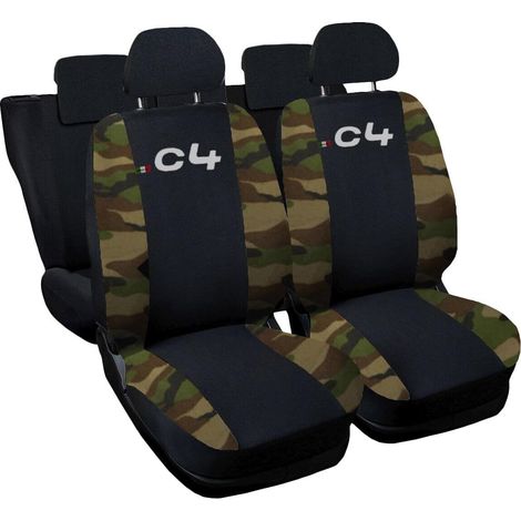 Lupex shop - Coprisedili Auto Compatibili per C4, Made In Italy, set di copri sedili anteriori e posteriori con copri poggiatesta incluso, tessuto poliestere, colore - Nero - Mimetico Classico