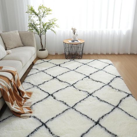 Tapis Salon Chambre blanc Tapis Shaggy de Chambre 160 x 230 cm à Poils Longs Descente de lit (1/5)