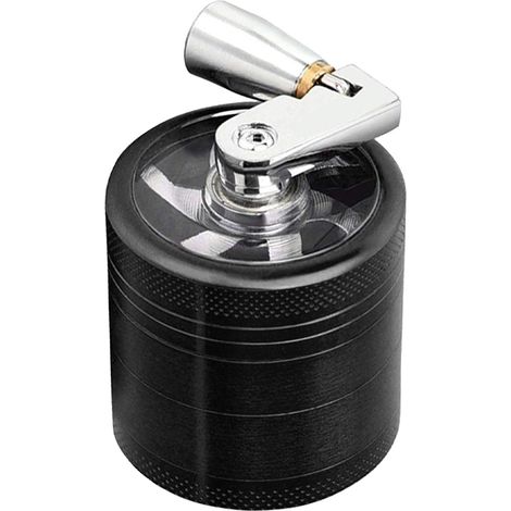 Schwarze, vierlagige Kräutermühle aus Zinklegierung mit Griff zum Mahlen von Küchengewürzen. (1/5)