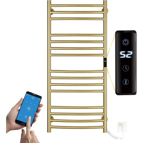 Sèche-Serviette Électrique Or Brossé 185 W Chauffe-Serviettes 110×60 cm WiFi Intelligent Porte-Serviettes Chauffant Électrique 15 Barres Courbes Commande Tactile à LED Radiateur de Salle de Bain (1/5)