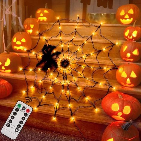 Toile d'araignée lumineuse d'Halloween, 8 modes, télécommande, 70 LED noires, avec lumières poilues (1/5)
