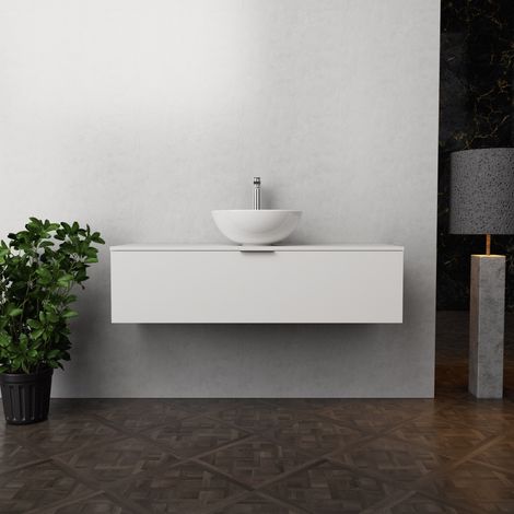 Inda - Badezimmerschrank B.120 mit Aufsatzwaschbecken / Mattweiß 1 Schublade - Topazio