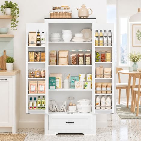 Armario alto de cocina con 2 puertas, cajón y estantes ajustables 80x35x183 cm MDF blanco REDOM (1/5)