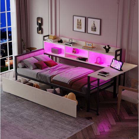 Bett 90x200 cm aus Metall in Weiß mit Schubladen, ausziehbarem Schreibtisch und LED (1/5)
