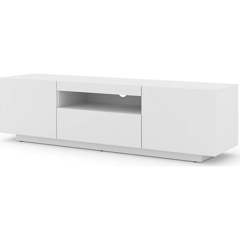 Bim Furniture – Meuble TV suspendu ou au sol blanc mat 150x37x42cm – Panneau stratifié 16mm – Compartiments de rangement – Installation murale possible