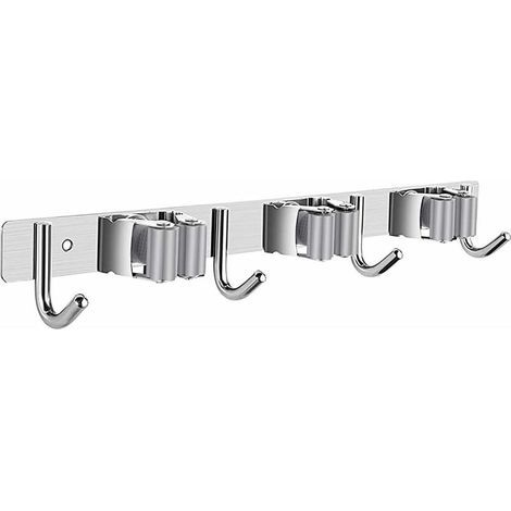 royaluxe - Porte Balai Mural, support mural en acier inoxydable Organisateur vadrouille de rangement monté sur placard à balai Cintre à outils robuste avec 3 Clips et 4 crochets pour garage de cuisine