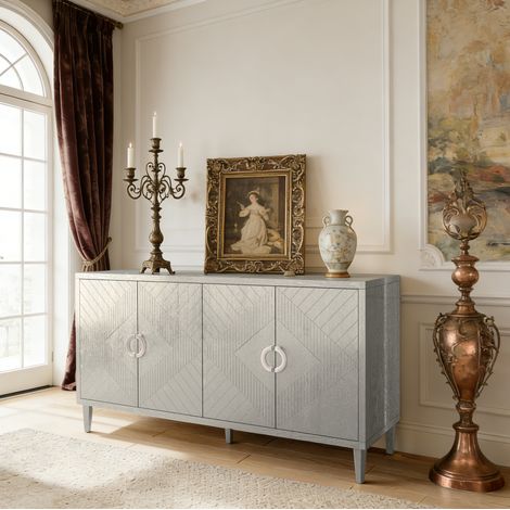 Aufbewahrungsschrank 152x40x82.5 cm Champagner aus MDF mit 4 Türen und Holzfüßen (1/5)