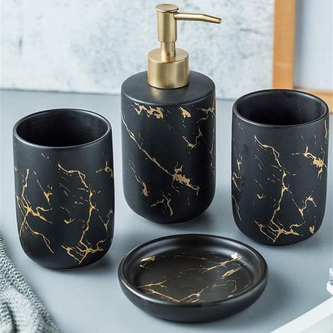 Ensemble d'accessoires de salle de bain, 4 pièces élégantes comprenant un distributeur de savon en marbre, un porte-savon et un gobelet à brosse à dents. (1/5)