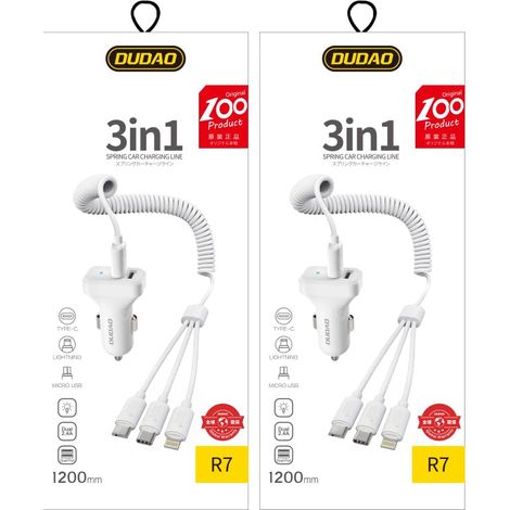 Cargador de coche Dudao con 2 puertos USB de 2,4 A + cable USB 3 en 1 Lightning / Tipo C / micro USB, color blanco (R7 blanco). (1/5)