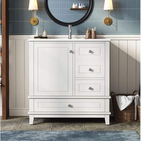 Mueble de baño con lavabo 81 x 47 x 86 cm, 3 cajones, 1 puerta, blanco DESVIAE (1/5)