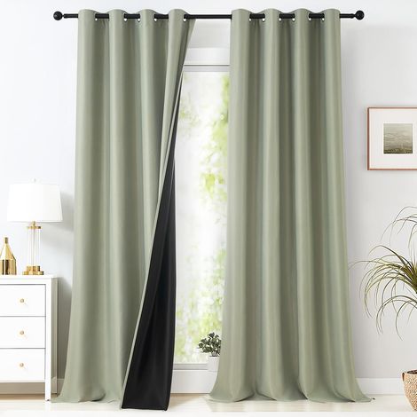 Lot de 2 Rideaux et Draperies Intérieurs Rideaux Phonique Anti Bruit 100% Bloquer Lumière Anti-UV Rideaux Occultants Isolant Anti Froid à Oeillets pour Salon, Vert Sauge, 140 x 245 cm (1/5)