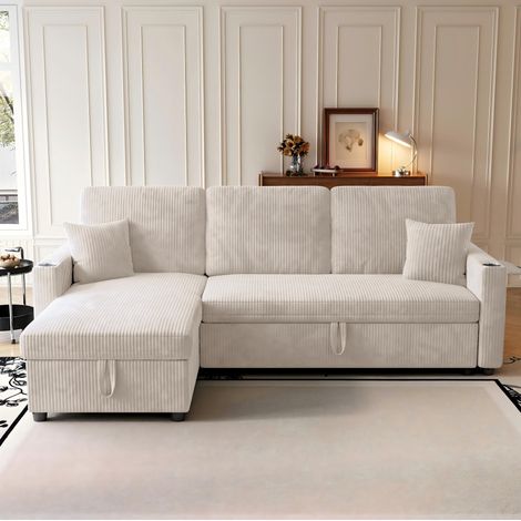 Sofá cama modular de pana beige con almacenaje, mesa auxiliar, puertos USB/Type-C y portavasos (1/5)