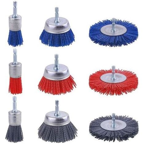 Brosses Abrasives Nylon pour Perceuse Lot de 9 avec Tige Hexagonale 1/4 Pouce pour Élimination Rouille, Corrosion et Peinture (1/4)