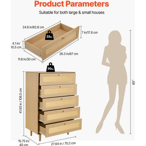 Commode en rotin à 5 tiroirs meuble de rangement avec poignées en (1/5)