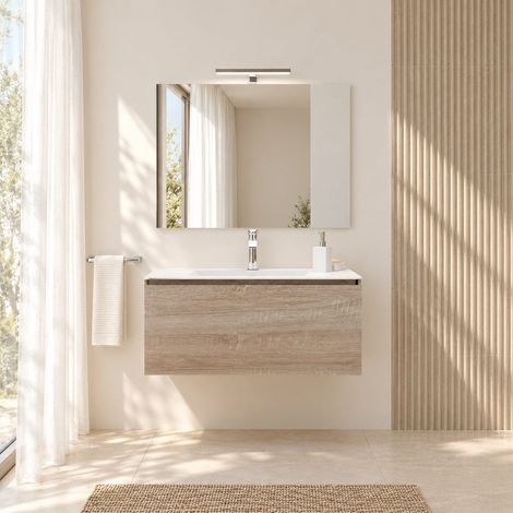 Mobile Bagno Sospeso Rovere 80 Cm Con Cassetto, Lavabo Ceramica, Specchio E Lampada Berlin (1/5)