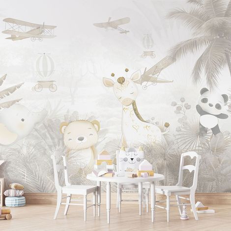 Papier peint panoramique Enfants - Avions Animaux - 195 cm x 130 cm (1/4)