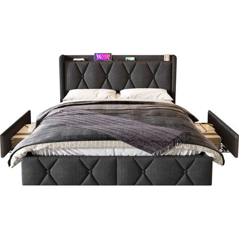 (=AB20485152G) Lit rembourré avec fonction de charge USB, tête de lit et 4 tiroirs, lit double 160x200cm avec rangement, cadre de lit, sommier à lattes en bois, gris (sans matelas) (1/5)
