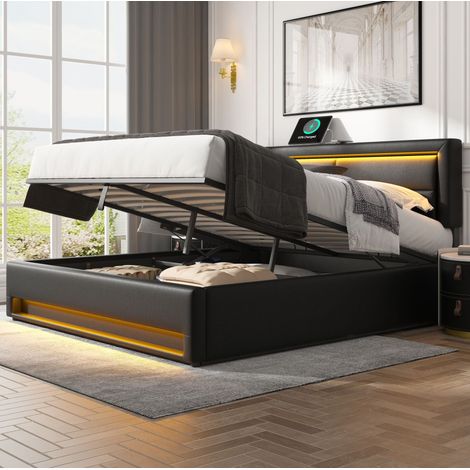 Cama Baúl 140x200 Cm Estructura Almacenaje Y LED Negro (1/5)