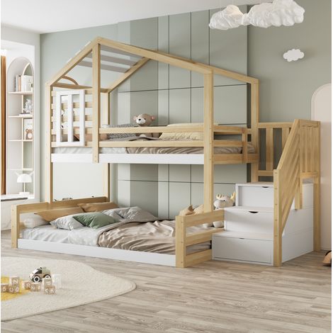 Etagenbett, 90200cm , Kiefernholz, Bett mit Fenster, Hausleiste, Geländer, Stufentreppe zur Aufbewahrung, Natur (1/5)