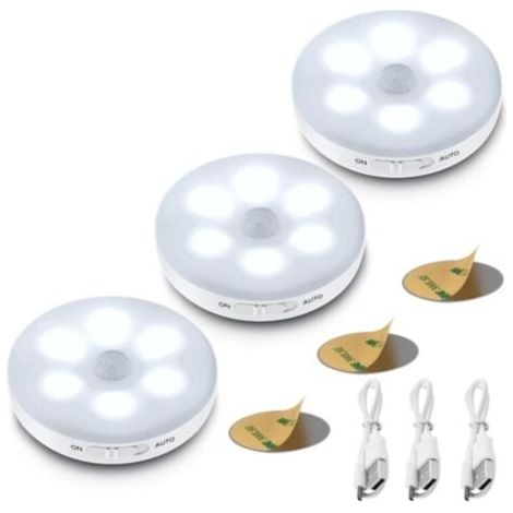 Veilleuse LED Automatique Rechargeable par USB, Lumiere Detecteur de Mouvement Interieur Sans Fil, Blanc Froid, Lampe Adhésive LED pour Escalier, Cuisine, Couloir, Lot de 3 (1/5)