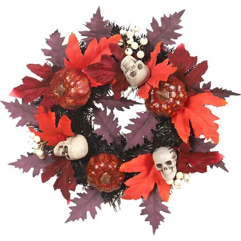 Couronne de porte suspendue d'Halloween – citrouilles artificielles, crânes et squelettes, ornement de fête (1/5)